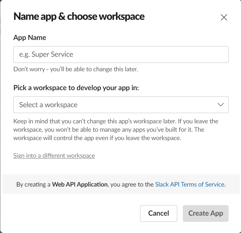 Name app & choose workspace