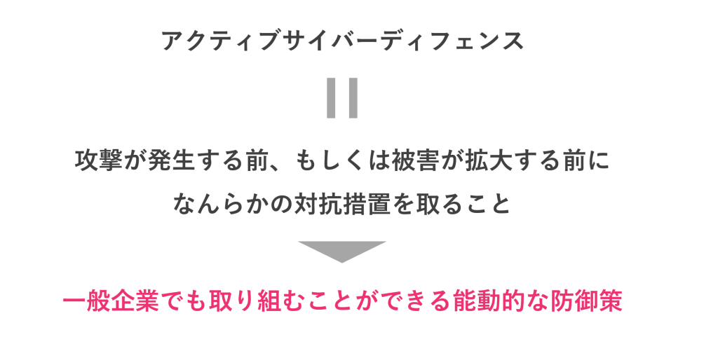 アクティブサイバーディフェンスとは、攻撃が発生する前、もしくは被害が拡大する前に何らかの対抗措置をとること。 →一般企業でも取り組むことができる能動的な防御策